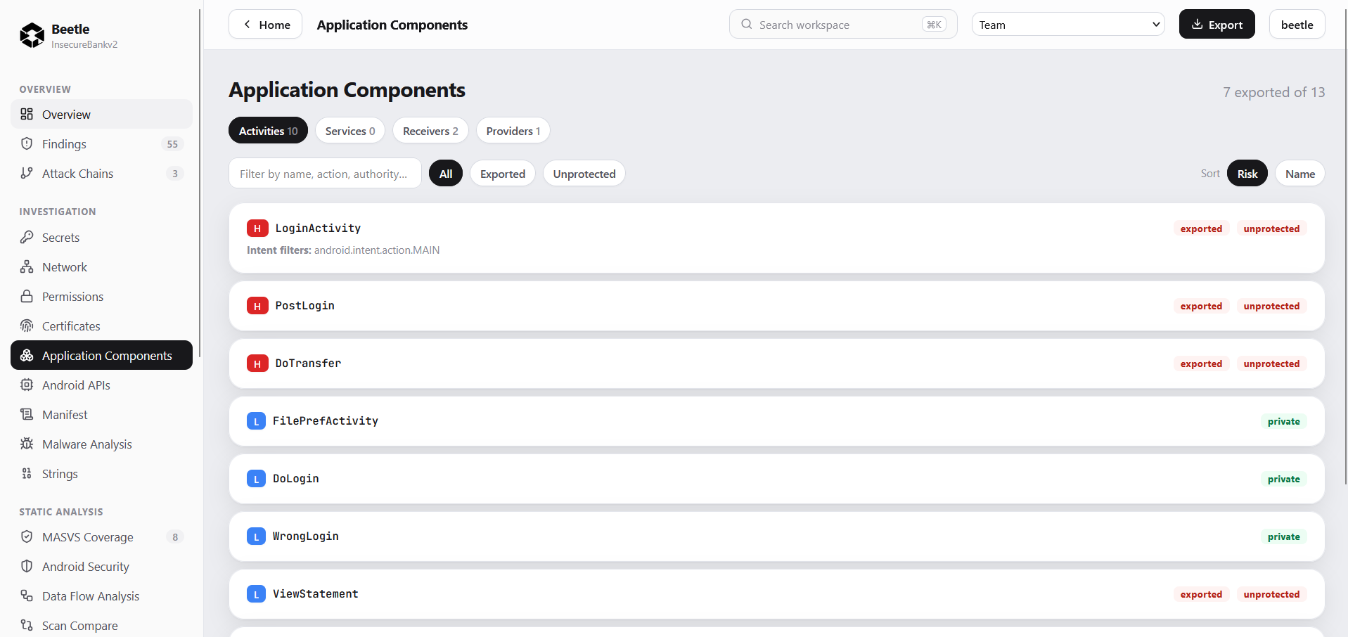 Application Components view