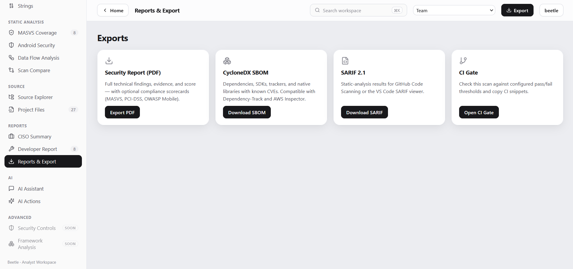Reports & Export view